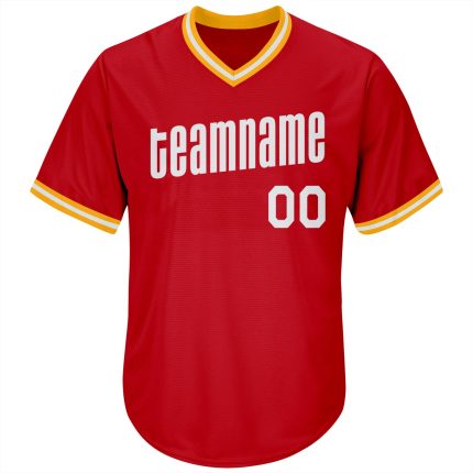 Personalized Red White-Gold Authentic Throwback Rib-Knit Baseball Jersey Shirt