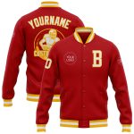 Personalized Red White-Gold Bomber Full-Snap Varsity Letterman Jacket