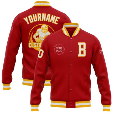 Personalized Red White-Gold Bomber Full-Snap Varsity Letterman Jacket