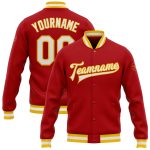 Personalized Red White-Gold Bomber Full-Snap Varsity Letterman Jacket Team Custom Name and Number