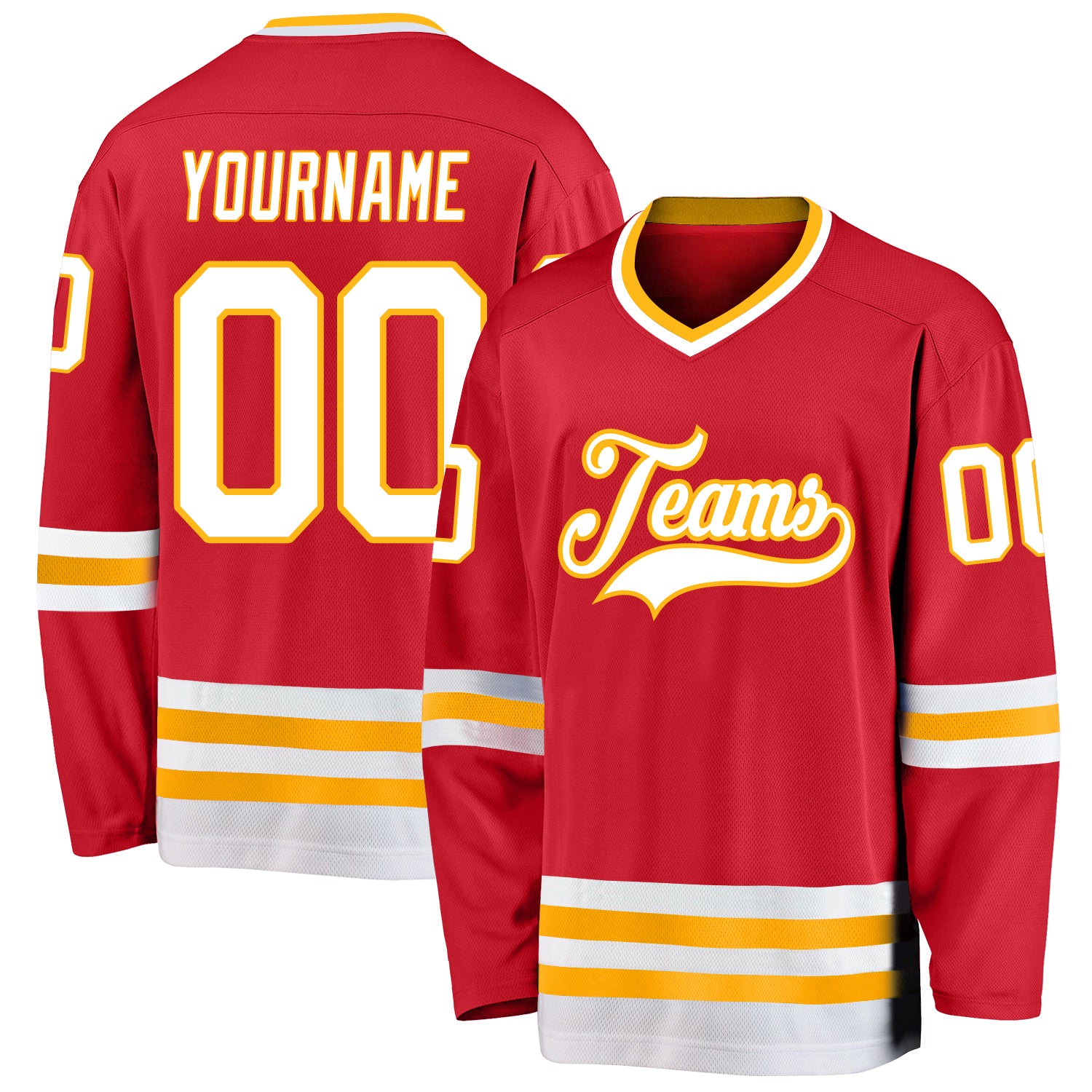 Personalized Red White-Gold Hockey Jersey Team Custom Name and Number
