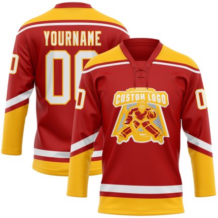 Personalized Red White-Gold Hockey Lace Neck Jersey Team Custom Name and Number