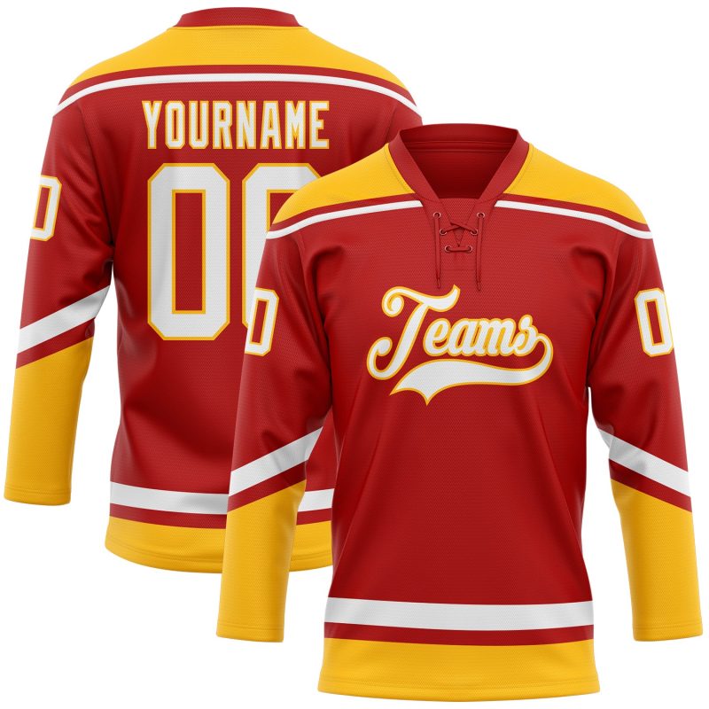 Personalized Red White-Gold Hockey Lace Neck Jersey Team Custom Name and Number