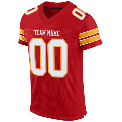 Personalized Red White-Gold Mesh Authentic Football Jersey Team Custom Name and Number