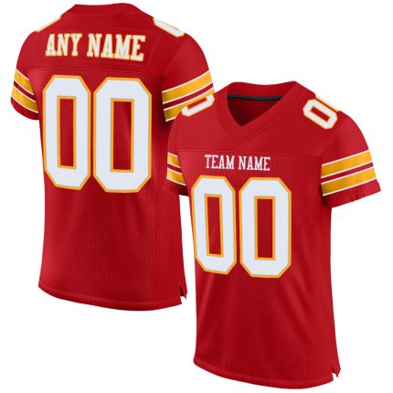 Personalized Red White-Gold Mesh Authentic Football Jersey Team Custom Name and Number