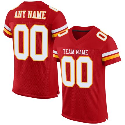 Personalized Red White-Gold Mesh Authentic Football Jersey