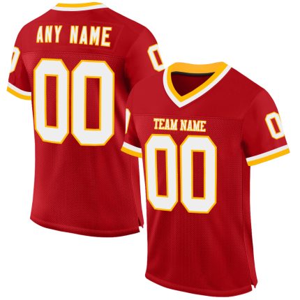 Personalized Red White-Gold Mesh Authentic Throwback Football Jersey