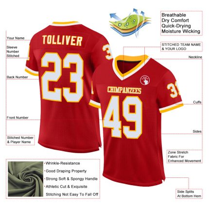 Personalized Red White-Gold Mesh Authentic Throwback Football Jersey