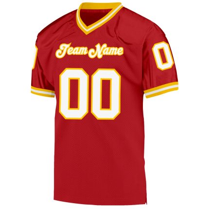 Personalized Red White-Gold Mesh Authentic Throwback Football Jersey Team Custom Name and Number