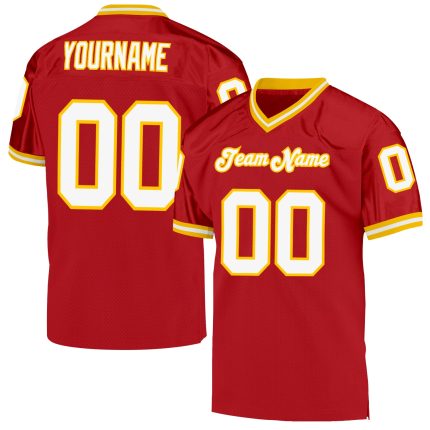 Personalized Red White-Gold Mesh Authentic Throwback Football Jersey Team Custom Name and Number