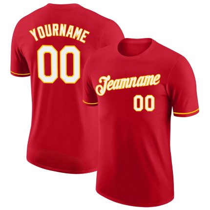 Personalized Red White-Gold Performance T-Shirt Team Custom Name and Number