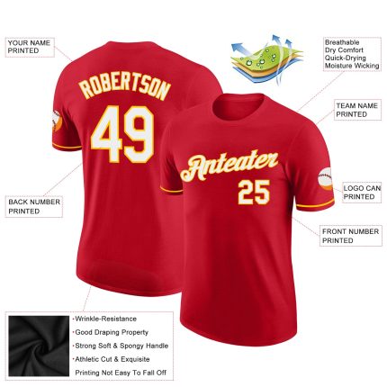 Personalized Red White-Gold Performance T-Shirt Team Custom Name and Number