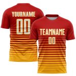 Personalized Red White-Gold Pinstripe Fade Fashion Sublimation Soccer Uniform Jersey Team Custom Name and Number