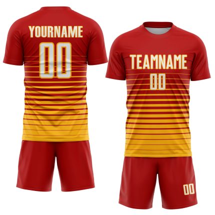 Personalized Red White-Gold Pinstripe Fade Fashion Sublimation Soccer Uniform Jersey Team Custom Name and Number