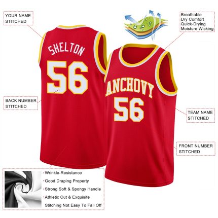 Personalized Red White-Gold Round Neck Rib-Knit Basketball Jersey Team Custom Name and Number