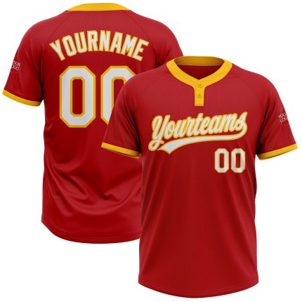 Personalized Red White-Gold Two-Button Unisex Softball Jersey Team Custom Name and Number