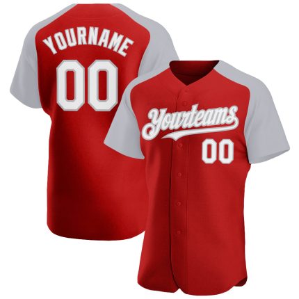 Personalized Red White-Gray Authentic Raglan Sleeves Baseball Jersey Team Custom Name and Number
