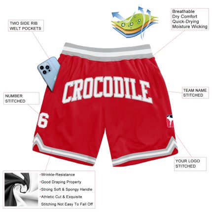 Personalized Red White-Gray Authentic Throwback Basketball Shorts