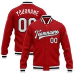 Personalized Red White Gray-Black Bomber Full-Snap Varsity Letterman Jacket Team Custom Name and Number