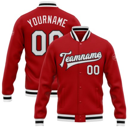 Personalized Red White Gray-Black Bomber Full-Snap Varsity Letterman Jacket Team Custom Name and Number