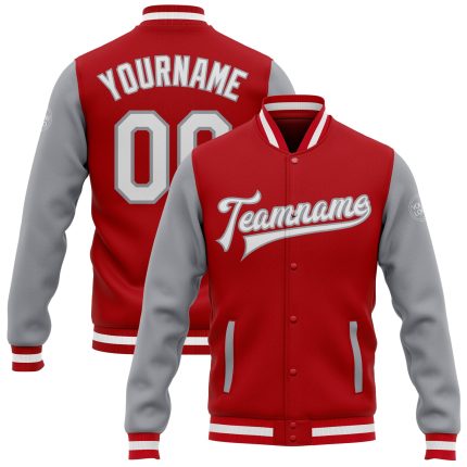 Personalized Red White-Gray Bomber Full-Snap Varsity Letterman Two Tone Jacket Team Custom Name and Number