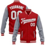 Personalized Red White-Gray Bomber Full-Snap Varsity Letterman Two Tone Jacket