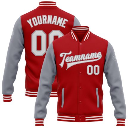 Personalized Red White-Gray Bomber Full-Snap Varsity Letterman Two Tone Jacket