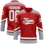 Personalized Red White-Gray Hockey Lace Neck Jersey Team Custom Name and Number