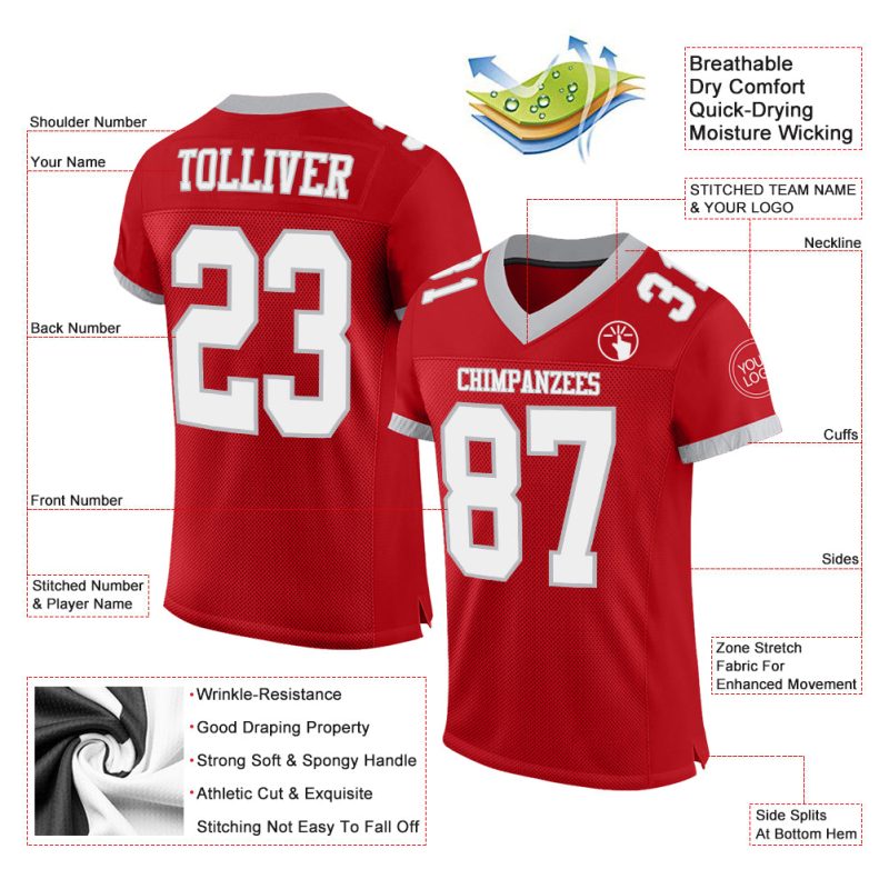 Personalized Red White-Gray Mesh Authentic Football Jersey