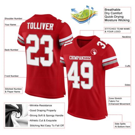 Personalized Red White-Gray Mesh Authentic Football Jersey Team Custom Name and Number
