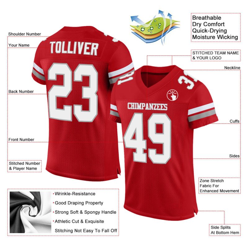 Personalized Red White-Gray Mesh Authentic Football Jersey Team Custom Name and Number