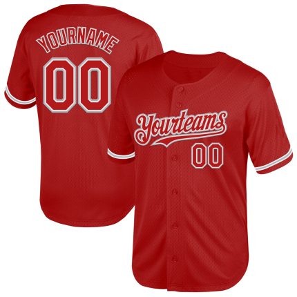 Personalized Red White-Gray Mesh Authentic Throwback Baseball Jersey