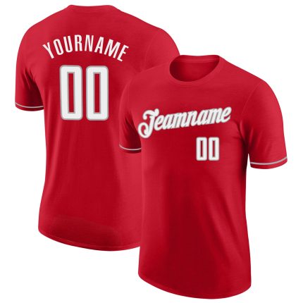 Personalized Red White-Gray Performance T-Shirt Team Custom Name and Number