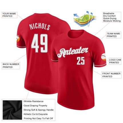 Personalized Red White-Gray Performance T-Shirt Team Custom Name and Number