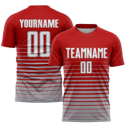 Personalized Red White-Gray Pinstripe Fade Fashion Sublimation Soccer Uniform Jersey Team Custom Name and Number