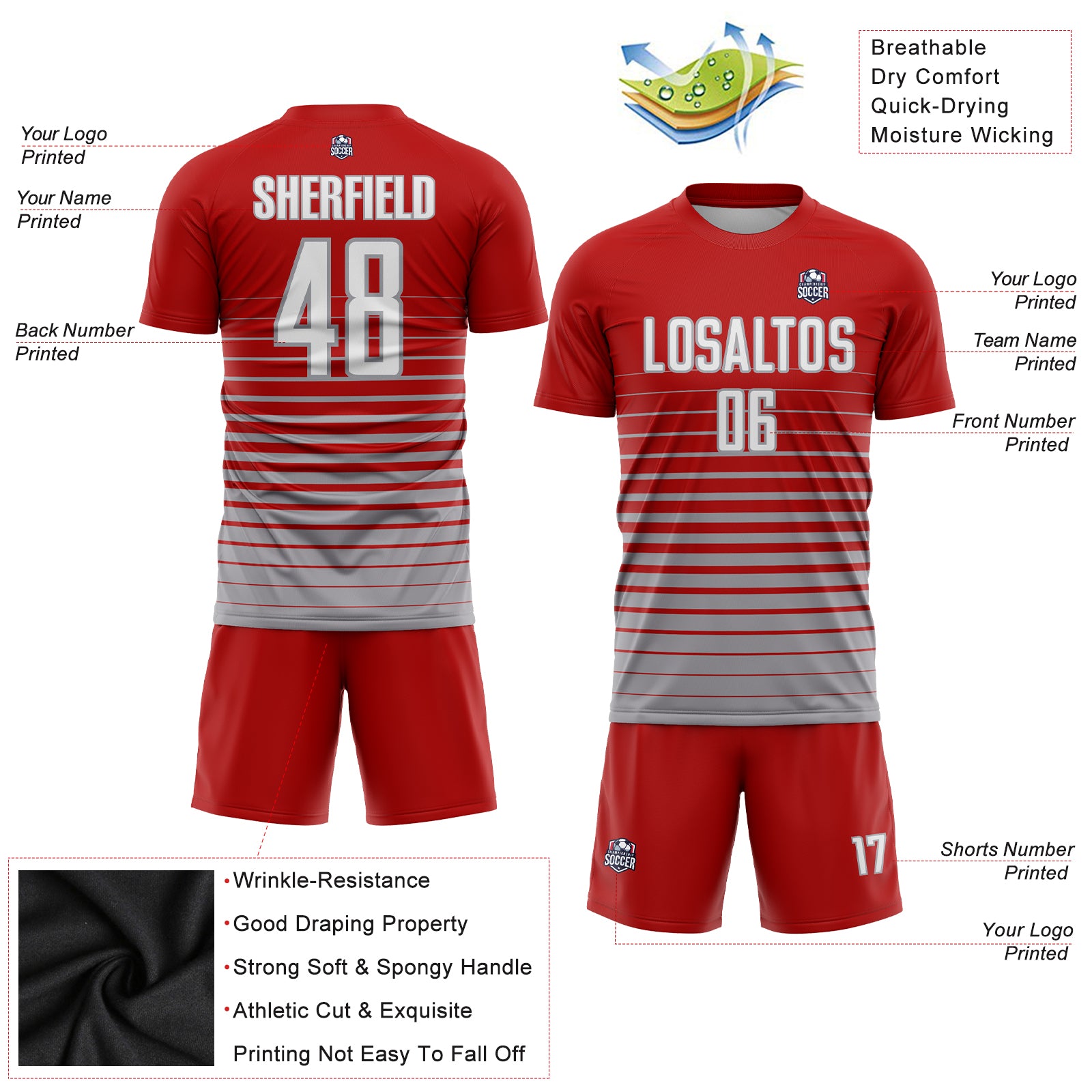 Personalized Red White-Gray Pinstripe Fade Fashion Sublimation Soccer Uniform Jersey Team Custom Name and Number Personalized Red White-Gray Pinstripe Fade Fashion Sublimation Soccer Uniform Jersey Team Custom Name and Number - Image 3