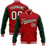 Personalized Red White-Green Bomber Full-Snap Varsity Letterman Two Tone Jacket Team Custom Name and Number