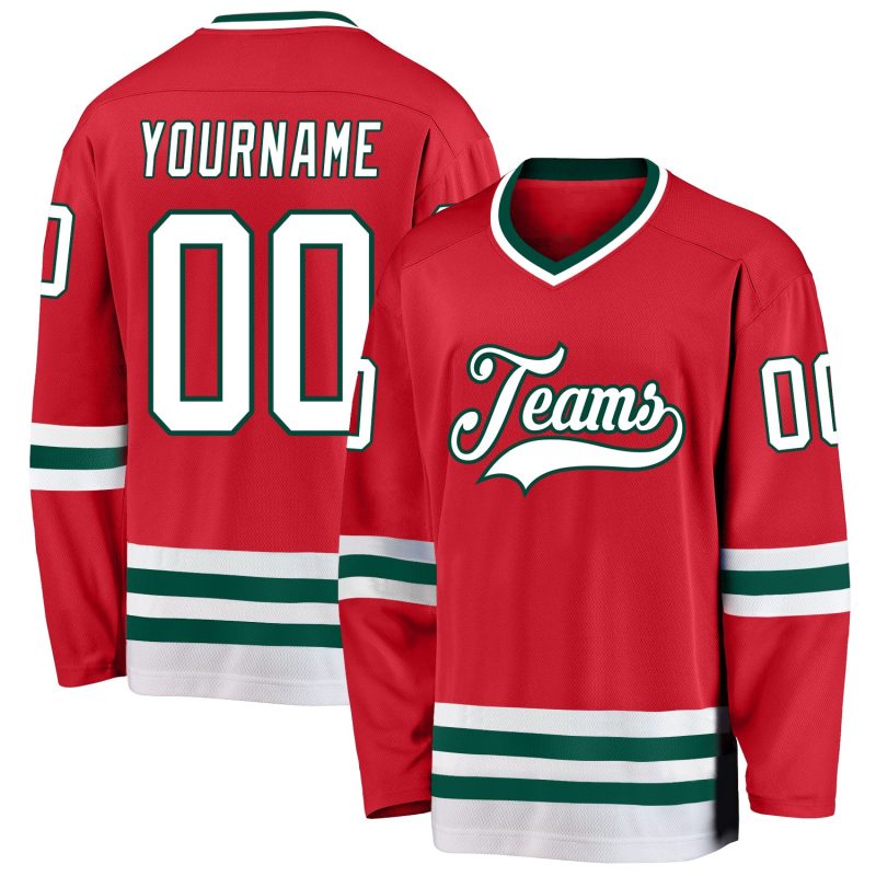 Personalized Red White-Green Hockey Jersey Team Custom Name and Number