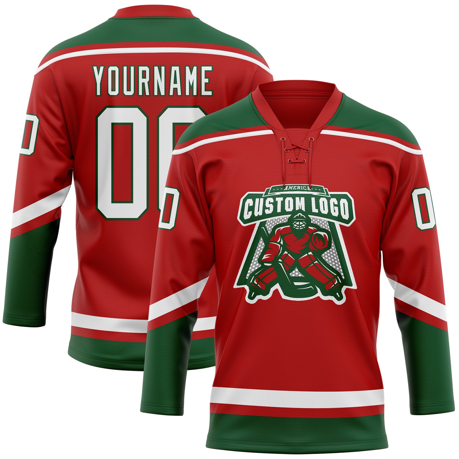 Personalized Red White-Green Hockey Lace Neck Jersey Team Custom Name and Number Personalized Red White-Green Hockey Lace Neck Jersey Team Custom Name and Number - Image 2