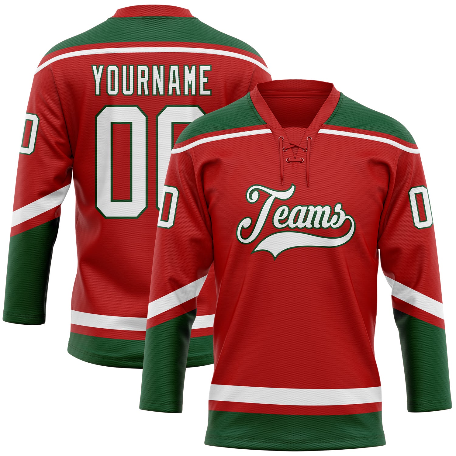 Personalized Red White-Green Hockey Lace Neck Jersey Team Custom Name and Number