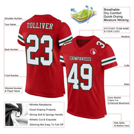 Personalized Red White-Green Mesh Authentic Football Jersey Team Custom Name and Number