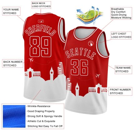 Personalized Red White Holiday Travel Monuments Silhouette Authentic City Edition Basketball Jersey Team Custom Name and Number