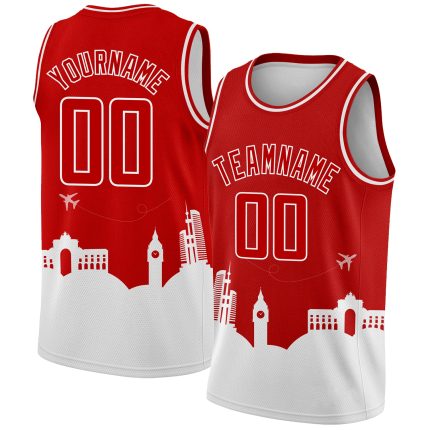 Personalized Red White Holiday Travel Monuments Silhouette Authentic City Edition Basketball Jersey Team Custom Name and Number