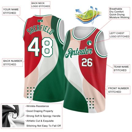 Personalized Red White-Kelly Green 3D Mexico Authentic Basketball Jersey Team Custom Name and Number