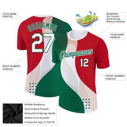 Personalized Red White-Kelly Green 3D Mexico Performance T-Shirt Team Custom Name and Number