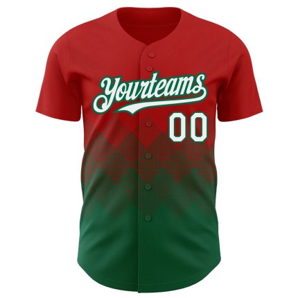 Personalized Red White-Kelly Green 3D Pattern Design Gradient Square Shapes Authentic Baseball Jersey Team Custom Name and Number