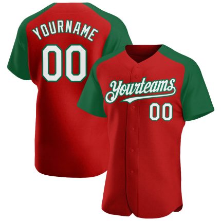 Personalized Red White-Kelly Green Authentic Raglan Sleeves Baseball Jersey Team Custom Name and Number