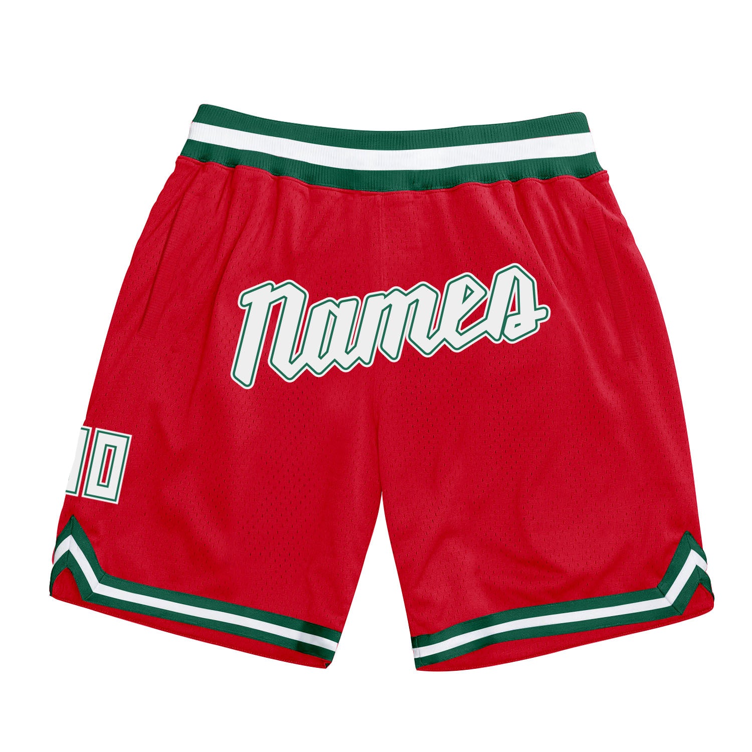 Personalized Red White-Kelly Green Authentic Throwback Basketball Shorts Team Custom Name and Number