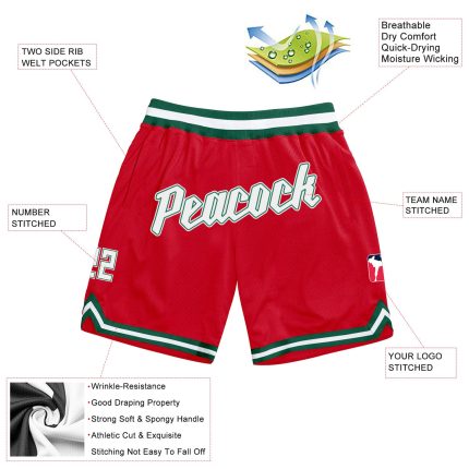 Personalized Red White-Kelly Green Authentic Throwback Basketball Shorts Team Custom Name and Number