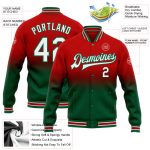 Personalized Red White-Kelly Green Bomber Full-Snap Varsity Letterman Fade Fashion Jacket Team Custom Name and Number